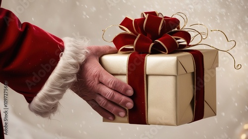 Santa Claus holds a beautifully wrapped gift offering joy during the festive season