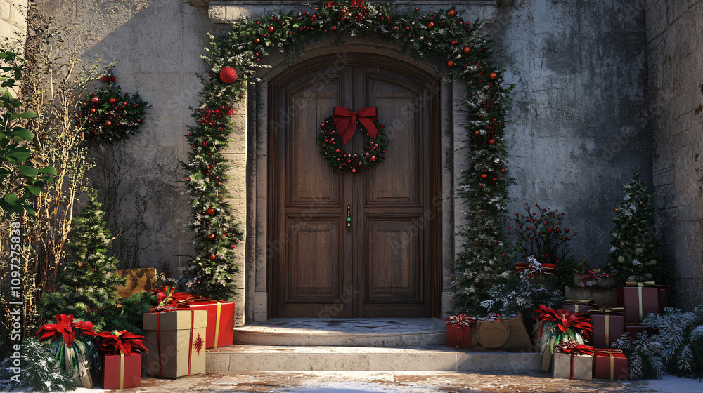 custom made wallpaper toronto digitalChristmas gifts and decorations in front of a house door with a christmas wreath