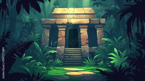 Fototapeta Naklejka Na Ścianę i Meble -  Cartoon jungle ruins background, ancient temple in tropical forest, mysterious landscape for game design. Hidden Jungle Temple. Illustration