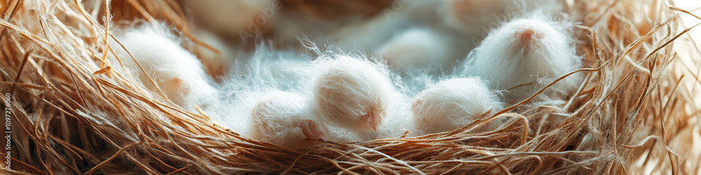Empty Nests: An empty bird's nest, with soft, fluffy feathers strewn about. Empty Nests: An empty bird's nest, with soft, fluffy feathers strewn about.