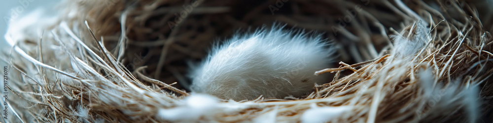Fototapeta premium Empty Nests: An empty bird's nest, with soft, fluffy feathers strewn about.