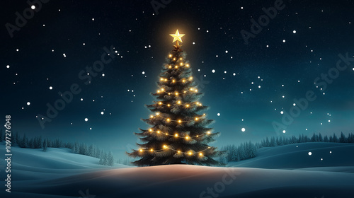 Christmas tree with fairy lights illuminating snowy landscape at night