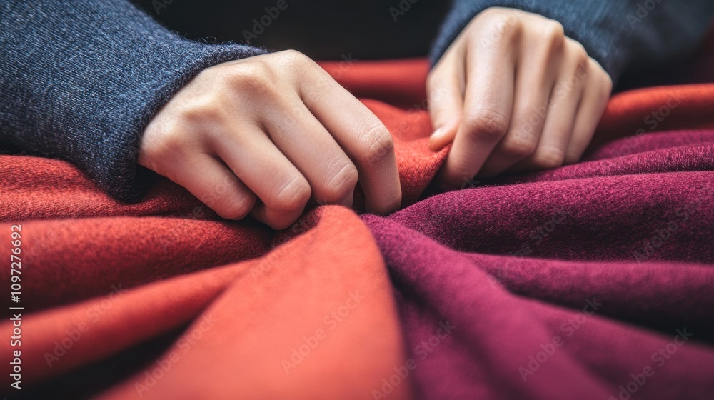 Hands Gently Exploring Soft Red Fabric Textures Hands Gently Exploring Soft Red Fabric Textures