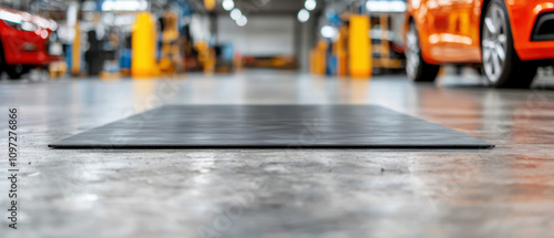 Wallpaper Mural Equipment workshop background concept. A close-up view of a black mat on a polished garage floor, with orange cars visible in the background, highlighting an automotive workspace. Torontodigital.ca