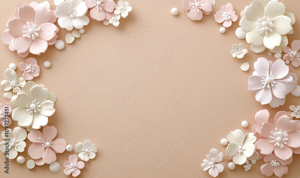 Pastel pink and white 3D flowers arranged in a frame on a beige background with copy space.