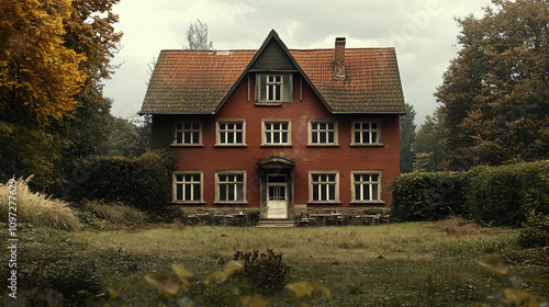 Eerie and mysterious atmosphere of an old, spooky red brick house with a weathered facade and overgrown garden in autumn