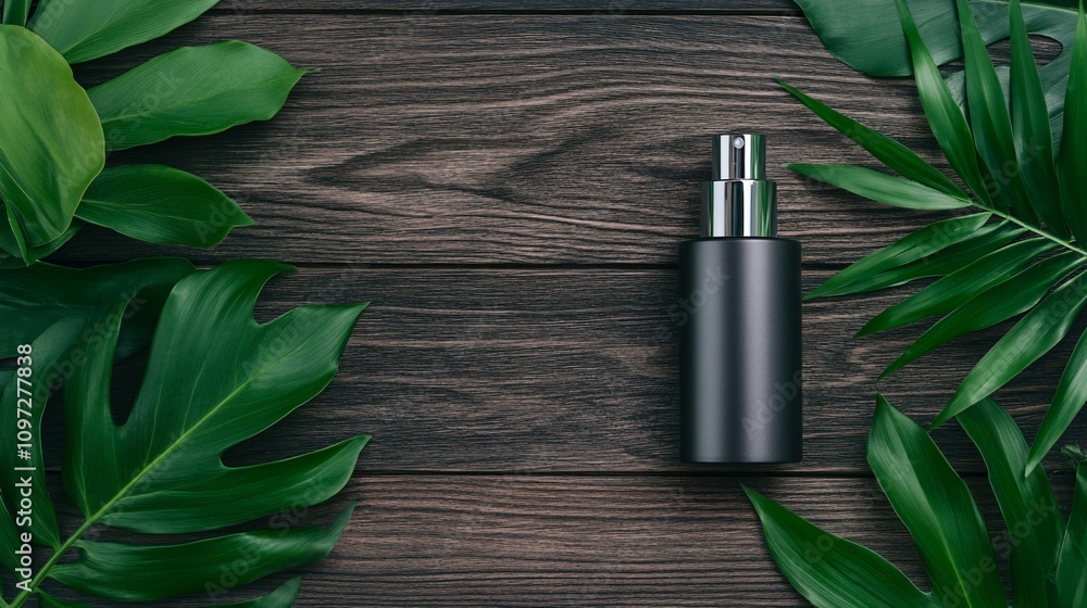 Black spray bottle surrounded by green leaves on wooden surface Black spray bottle surrounded by green leaves on wooden surface