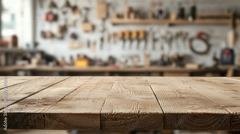 Equipment workshop background concept. A rustic wooden table foreground with a blurred workshop background filled with tools, creating a cozy crafting atmosphere.