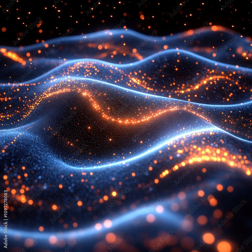 A digital representation of flowing waves with glowing particles, evoking a sense of motion. A digital representation of flowing waves with glowing particles, evoking a sense of motion.