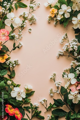 Wallpaper Mural Peach background with a floral frame of white, pink, and orange flowers and green leaves. Torontodigital.ca