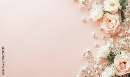 Peach background with white and peach roses and baby's breath flowers arranged on the right side, leaving ample copy space.