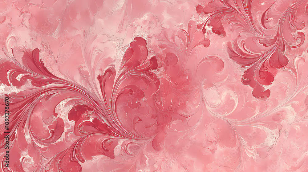 Fototapeta premium Elegant marbled paper in rose pink and deep crimson swirls, resembling aged parchment with a touch of royal sophistication,. Crimson Cloud Swirls. Illustration