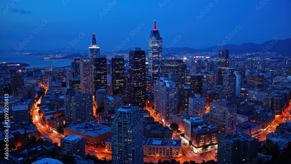 Naklejka premium generative ai, Dynamic Urban Skyline at Dusk