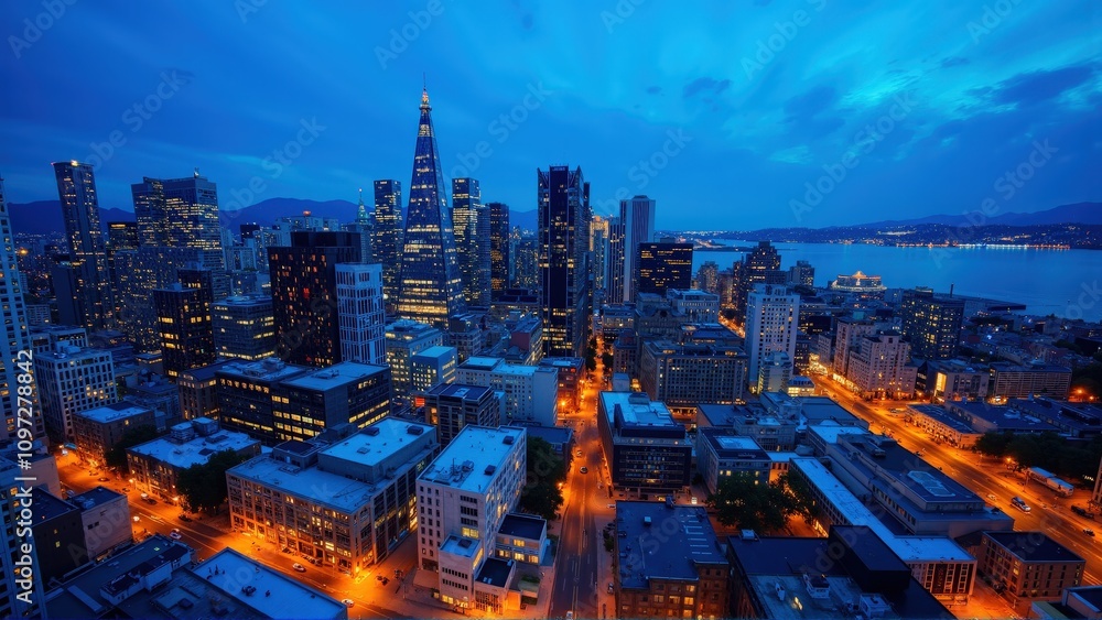 Fototapeta premium generative ai, Dynamic Urban Skyline at Dusk