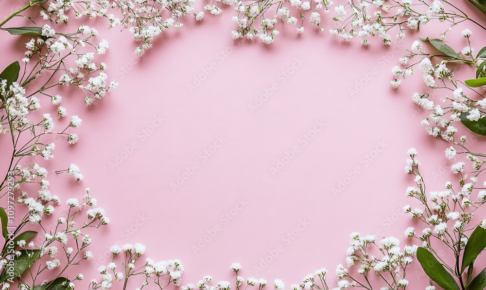 Fototapeta premium Pink background with white flowers forming a frame. Perfect for invitations, cards, or other designs.