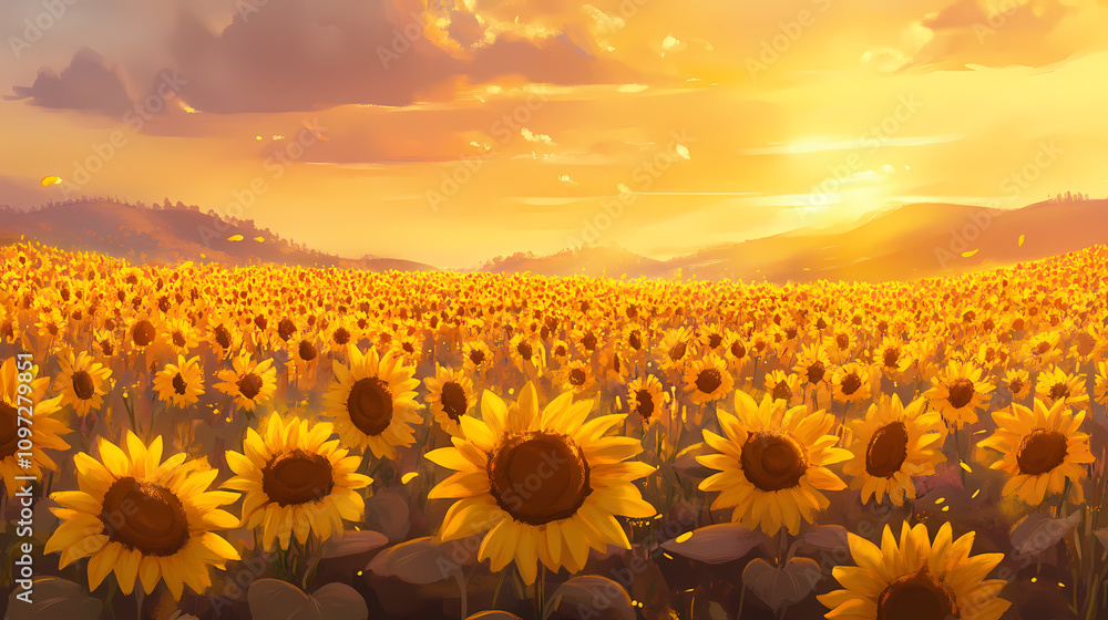 Fototapeta premium A beautiful sunflower field bathed in warm sunlight, capturing the vibrant yellow blooms during a golden hour sunset. Golden Sunflower Fields. Illustration