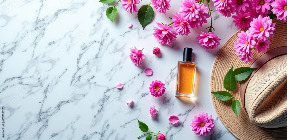 Pink flowers, perfume, and straw hat on marble background Pink flowers, perfume, and straw hat on marble background