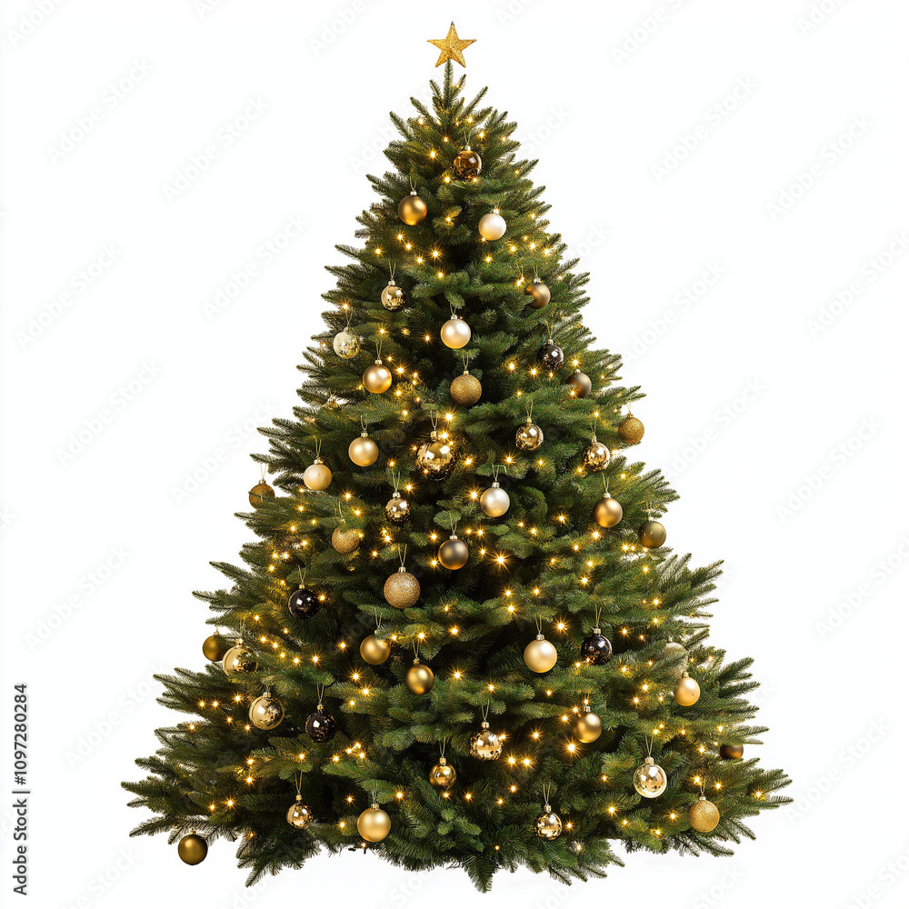 Traditional Christmas Tree with Ornaments and Star Topper, isolated background, holiday & seasonal Traditional Christmas Tree with Ornaments and Star Topper, isolated background, holiday & seasonal