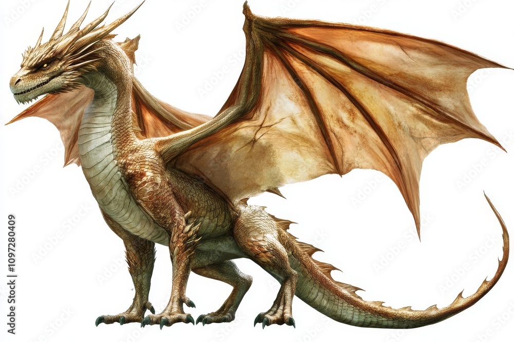 Fototapeta premium Majestic golden dragon with large wings and fierce expression
