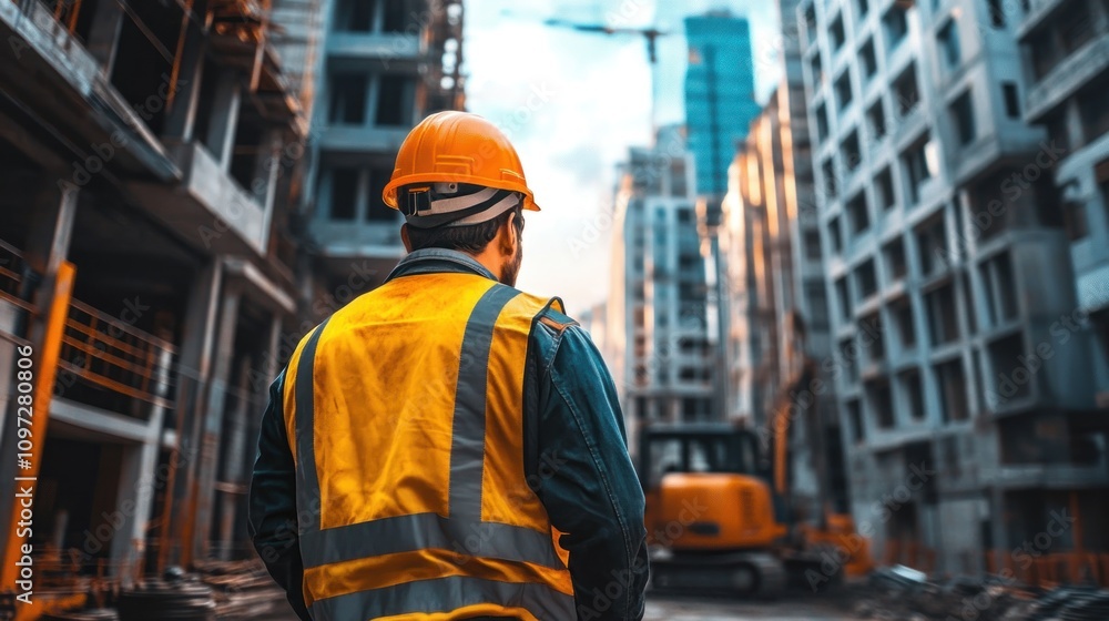Construction Worker Observing Urban Development Progress Construction Worker Observing Urban Development Progress