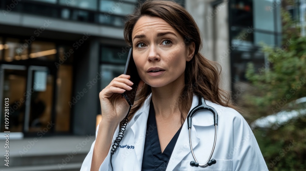 A concerned female doctor on a phone call outside a hospital. A concerned female doctor on a phone call outside a hospital.