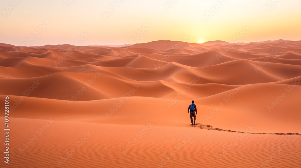 Man Walking in Desert Sand Dunes at Sunset Man Walking in Desert Sand Dunes at Sunset
