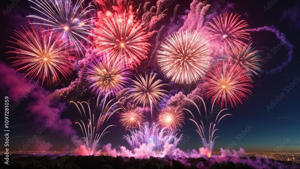 Experience the joy of a stunning fireworks show featuring colorful explosions of pink and white. Perfect for New Year’s Eve, Independence Day, and festive gatherings. Experience the joy of a stunning fireworks show featuring colorful explosions of pink and white. Perfect for New Year’s Eve, Independence Day, and festive gatherings.