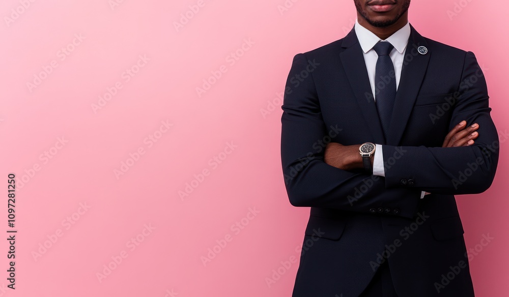 Businessman with arms crossed standing in front of a pink background. Businessman with arms crossed standing in front of a pink background.