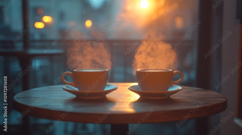 Two steaming cups of coffee on a wooden table in a cafe, with a blurry city lights in the background. Two steaming cups of coffee on a wooden table in a cafe, with a blurry city lights in the background.