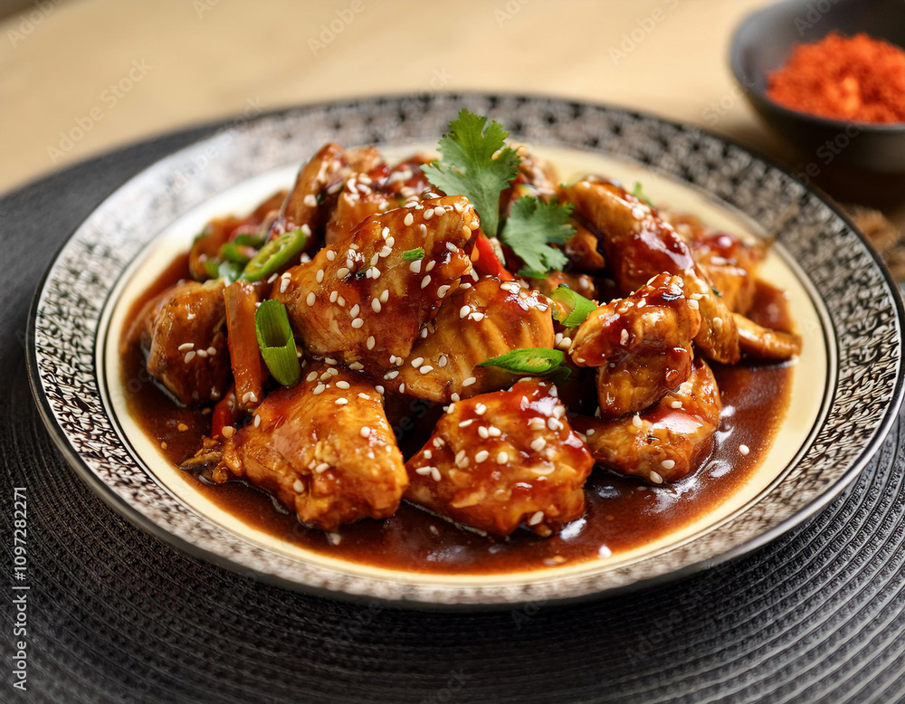 A plate of glazed Asian-style chicken pieces garnished with sesame seeds and fresh herbs A plate of glazed Asian-style chicken pieces garnished with sesame seeds and fresh herbs