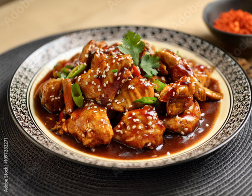 A plate of glazed Asian-style chicken pieces garnished with sesame seeds and fresh herbs	