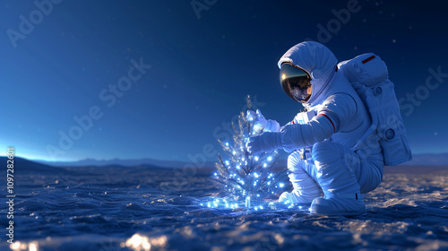 Serene holiday vibes in space, astronaut with a sparkling Christmas tree