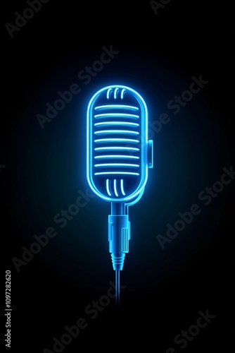 Neon vintage microphone on black background