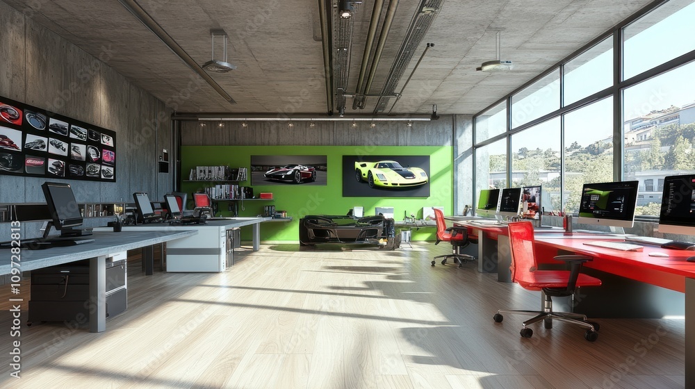 Modern office space with large windows, desks, and computers. Modern office space with large windows, desks, and computers.