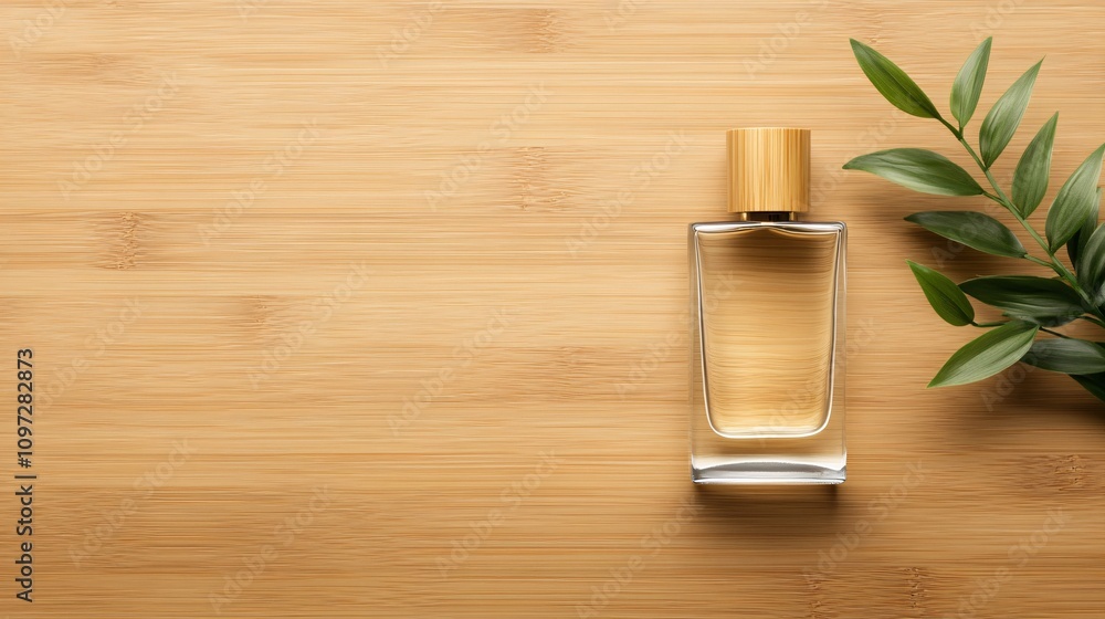 Glass perfume bottle with bamboo background and green leaves Glass perfume bottle with bamboo background and green leaves