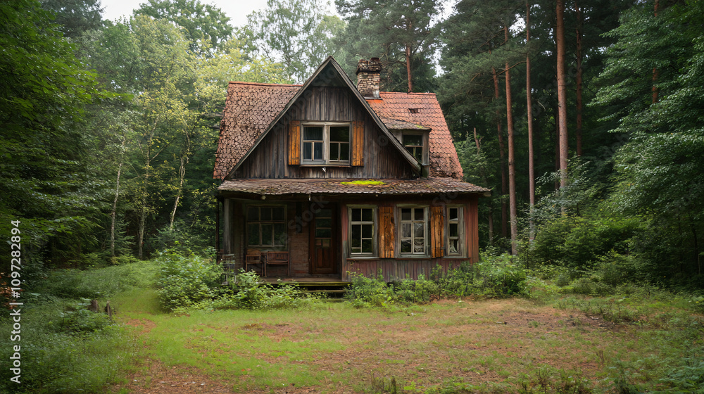 The effects of time and nature: moss-covered roof of an abandoned house in a lush green forest The effects of time and nature: moss-covered roof of an abandoned house in a lush green forest