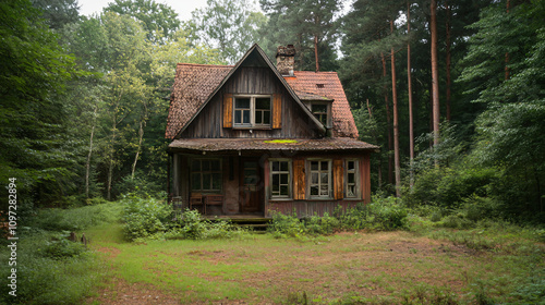 The effects of time and nature: moss-covered roof of an abandoned house in a lush green forest