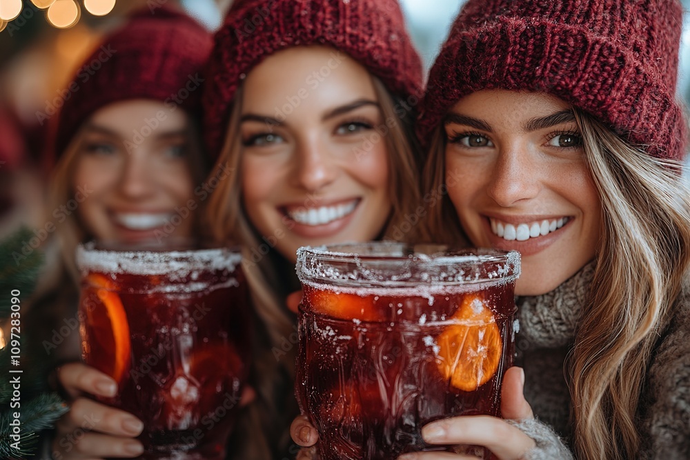 Happy friends having fun drinking mulled wine and hot chocolate at Christmas Market