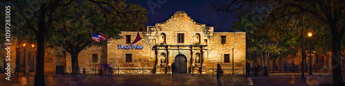 San Antonio's Alamo Spirit: Old Mission Alamo in the background, with a tablet showing "Texas Pride" and a flag waving in the wind.