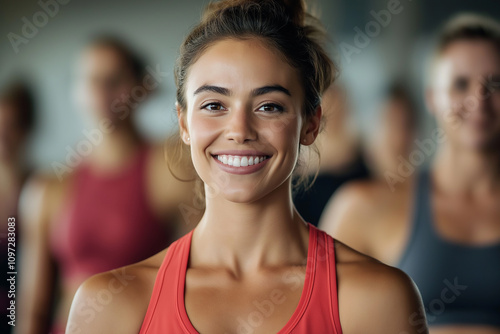 Smiling sporty woman leading fitness class in gym