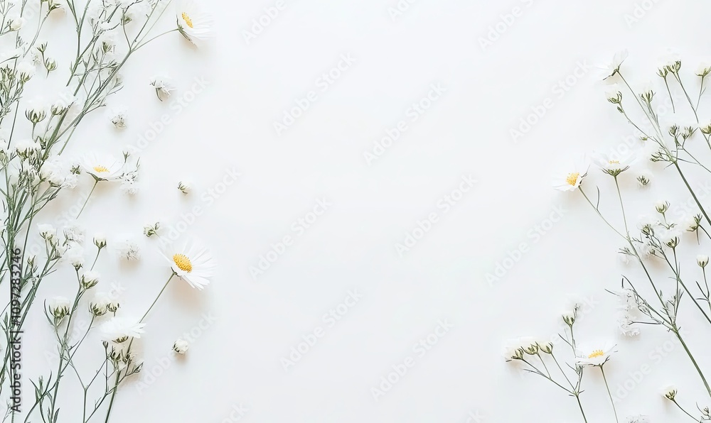 White daisies and wildflowers arranged on a white background, creating a frame with copy space. White daisies and wildflowers arranged on a white background, creating a frame with copy space.