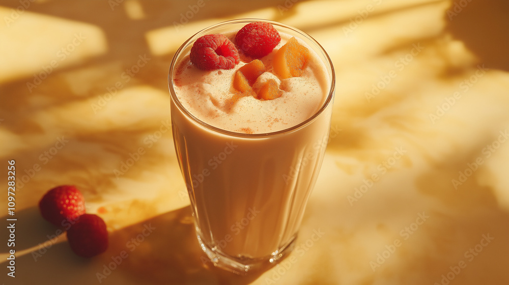 Fruity almond milk smoothie with raspberries and peach in a glass on a warm background Fruity almond milk smoothie with raspberries and peach in a glass on a warm background