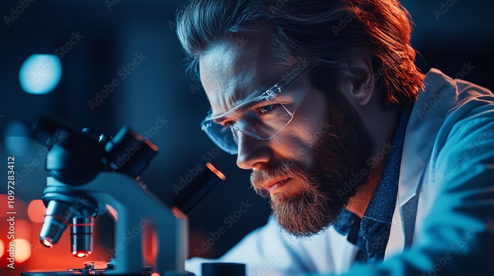 Focused scientist examining samples under microscope Focused scientist examining samples under microscope