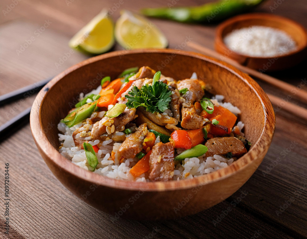 A wooden bowl filled with colorful Asian stir-fried chicken and vegetables served over white rice, with lime wedges and seasonings on the side. A wooden bowl filled with colorful Asian stir-fried chicken and vegetables served over white rice, with lime wedges and seasonings on the side.