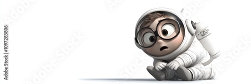 A cute, cartoon astronaut with big glasses looks worried as he sits on the ground with his oxygen tank. photo