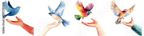 freedom harmony watercolor concept, A series of illustrated hands releasing colorful birds, symbolizing freedom and nature's beauty.