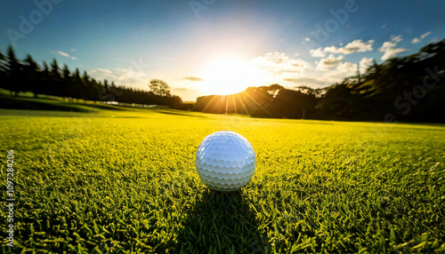 Close-up of a baseball resting on vibrant green grass, with a blurred background emphasizing the field and atmosphere. AI-generated image. photo