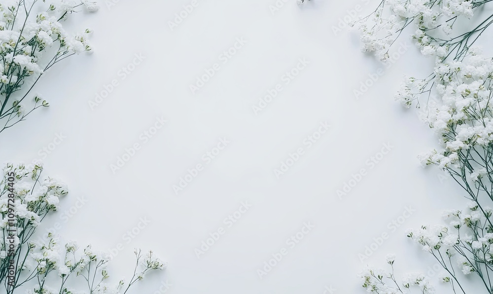 Naklejka premium White flowers frame on white background; flat lay, top view, copy space.
