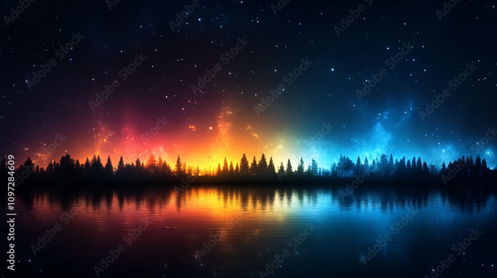 Vibrant Night Sky Reflection Over Calm Lake Vibrant Night Sky Reflection Over Calm Lake