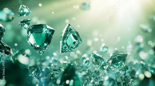 A close up of a bunch of green diamonds. The diamonds are scattered all over the image, with some of them being larger than others. Scene is one of chaos and disorder